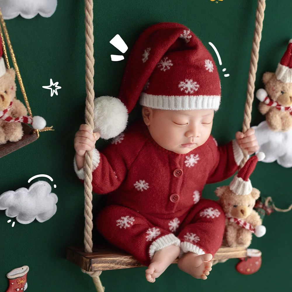 الوليد عيد الميلاد التصوير الدعائم مجموعة متماسكة الأحمر ندفة الثلج الطفل صور زي صغير الدببة الضخمة عطلة ديكور للتصوير في الاستوديو