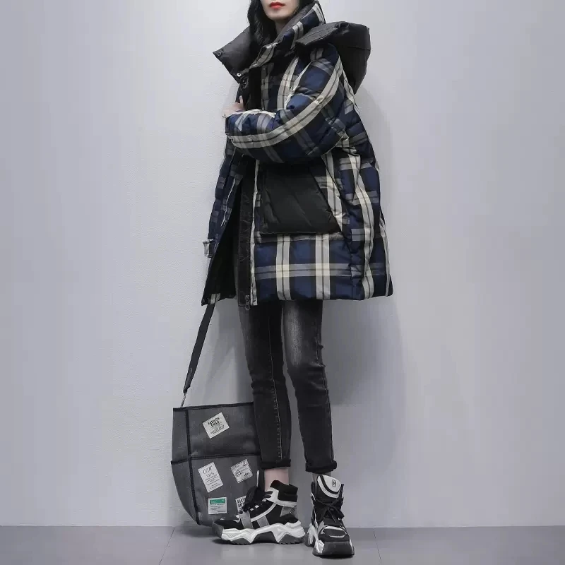 Plaid Splicing Down Jacket Women 2024 Winter New Korea Hooded Wide white duck Down Thicken Coat Warm Parkas Overcoat Female