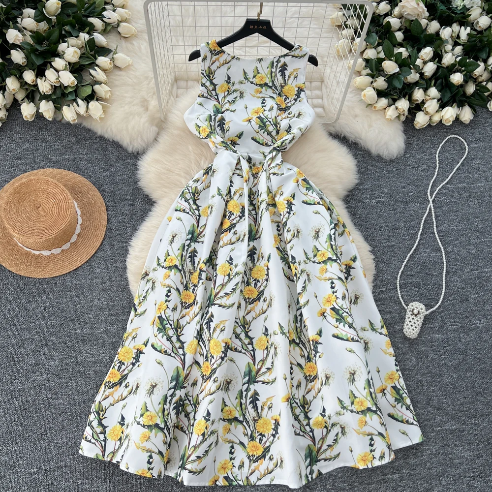 High Quality Sunflower Print Sleeveless Vest Long Dress Elegant Flower Jacquard Draped Slim Ball Gown Party Dress for Women