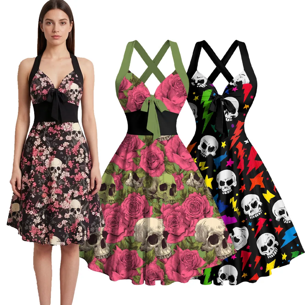 Vestidos góticos con estampado de calaveras y flores, vestidos cruzados sin mangas con tirantes para mujer, vestido de verano con cuello halter y corte en A.