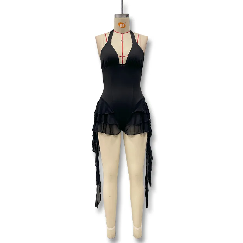 BKLD 2025 Letnia Nowość Seksowna i Pikantna Sukienka typu Romper z Koronkowym Wiązaniem na Szyi, Dekoltem w Serek, Odkrytymi Plecami, Falbankami i Łączonymi Elementami, na Ramiączkach, Kombinezon Jednoczęściowy, Odzież Damska