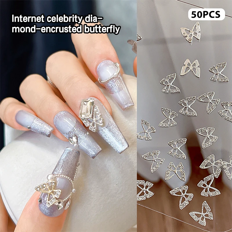 5 Pcs 3D Exquisite Hollow Butterfly Rhinestones Nail Charms Luxury Silver Diamond Wings Jewelry Nail Decoration Accessories