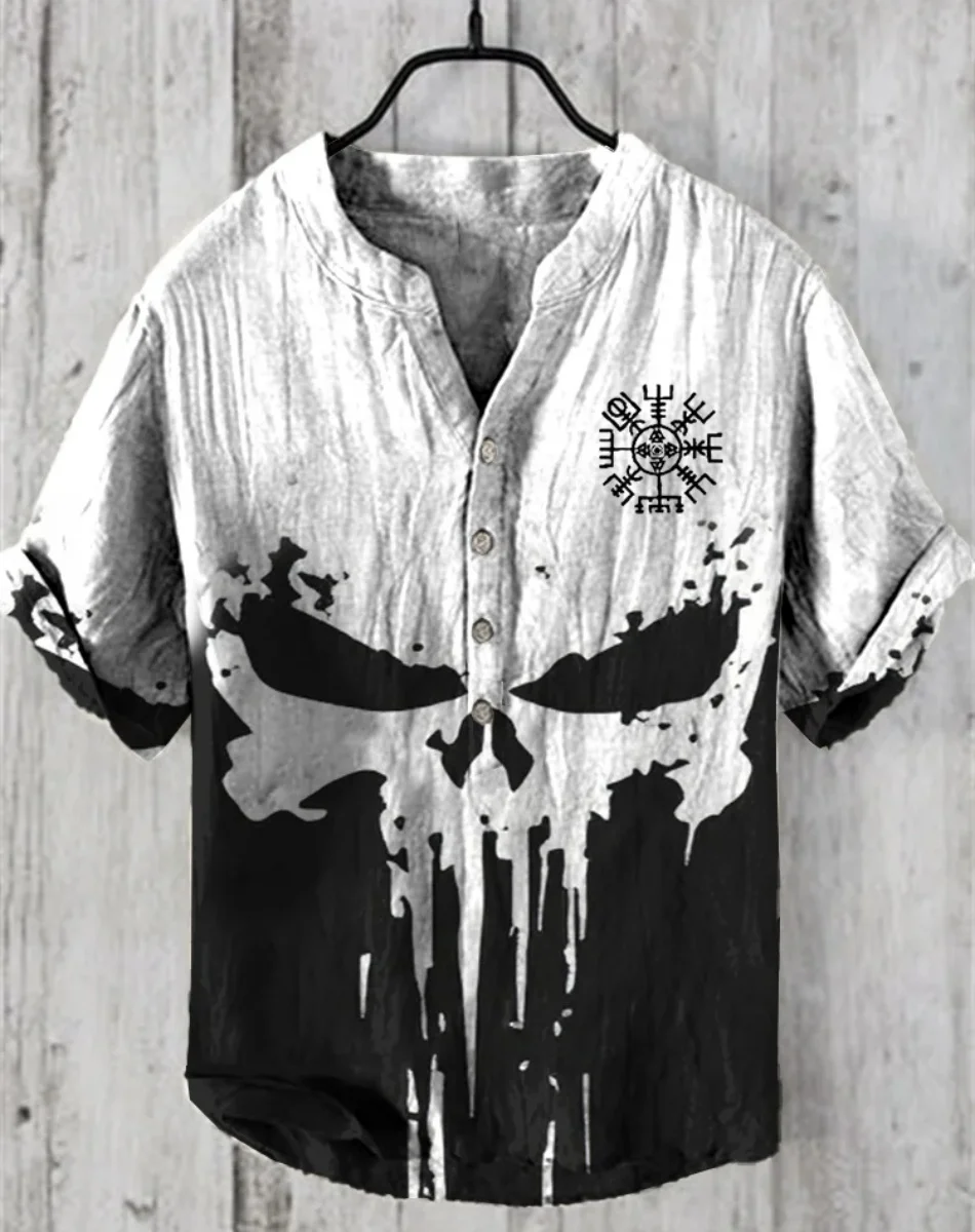 2025 Summer New Art Print pattern men's 100% linen shirt button large V-neck short-sleeved comfortable shirt - Image 6