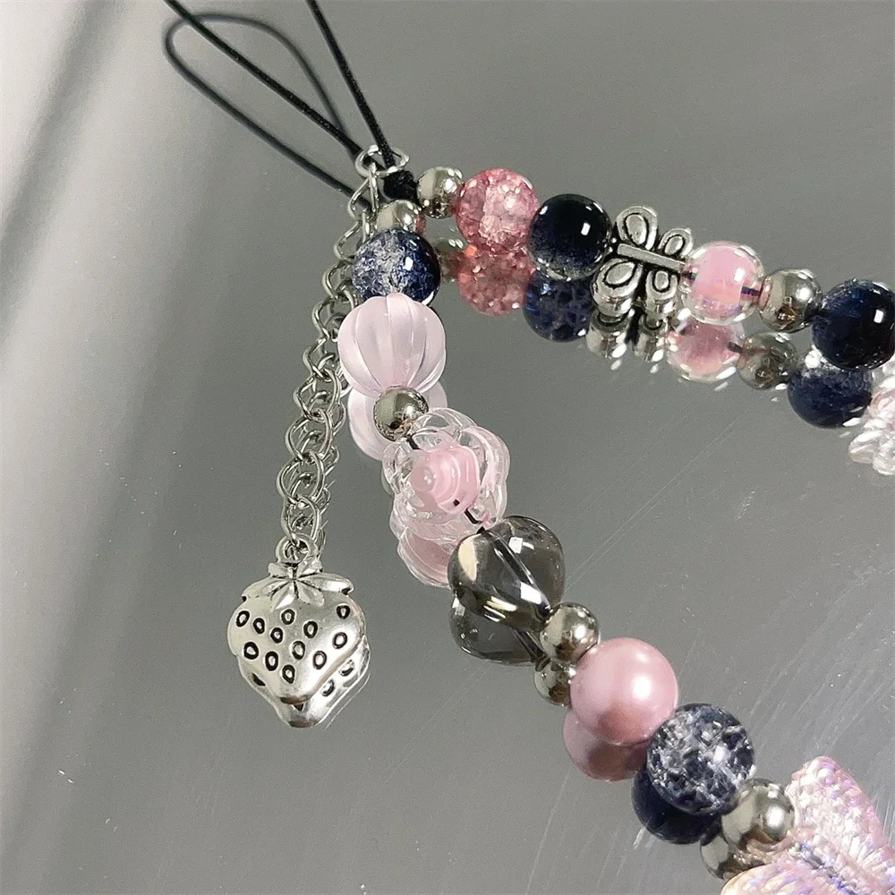 Korea Y2K Pink Beaded Flower Candy Butterfly Bracelet Phone Chain Pendant For iPhone Universal Accessories Chain Stylish Jewelry