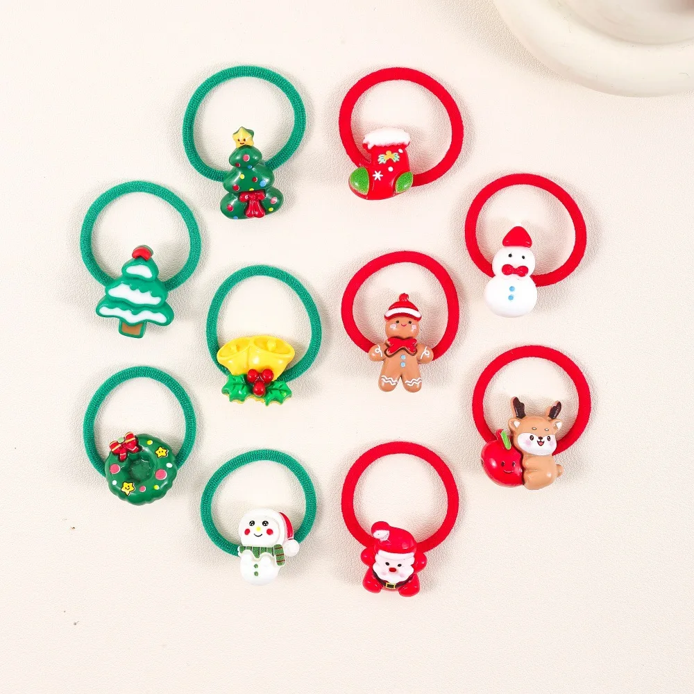 10Pcs Christmas Cartoon Toddler Hair Rubber Bands Assorted Xmas Ponytail Holders Little Girls Hair Accessories Holiday Party
