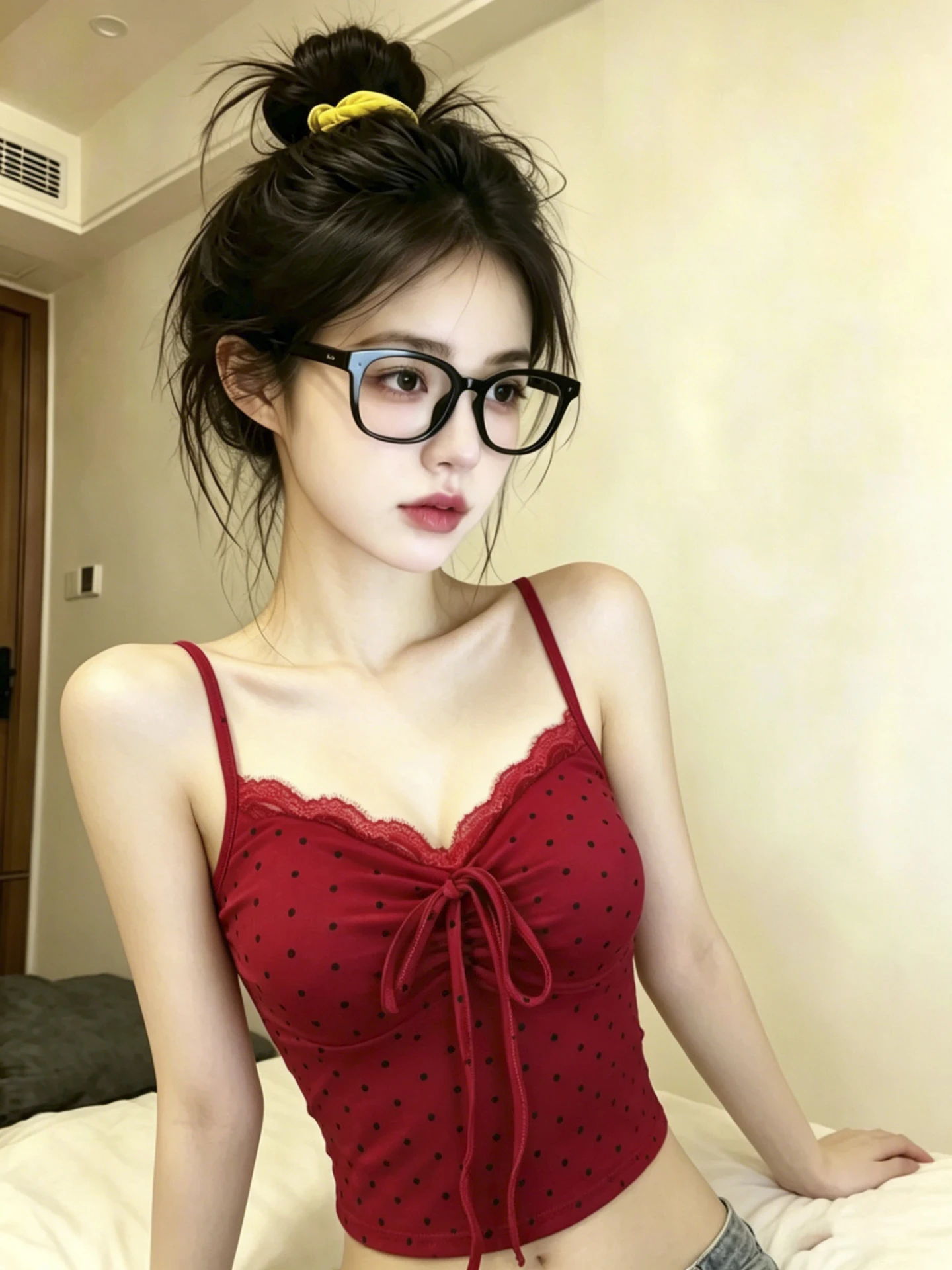 

Spicy Girl Lace Patchwork Belted V-neck Halter Top Women Summer with Chest Pad Polka Dot Slimming Short Sleeve Blouse