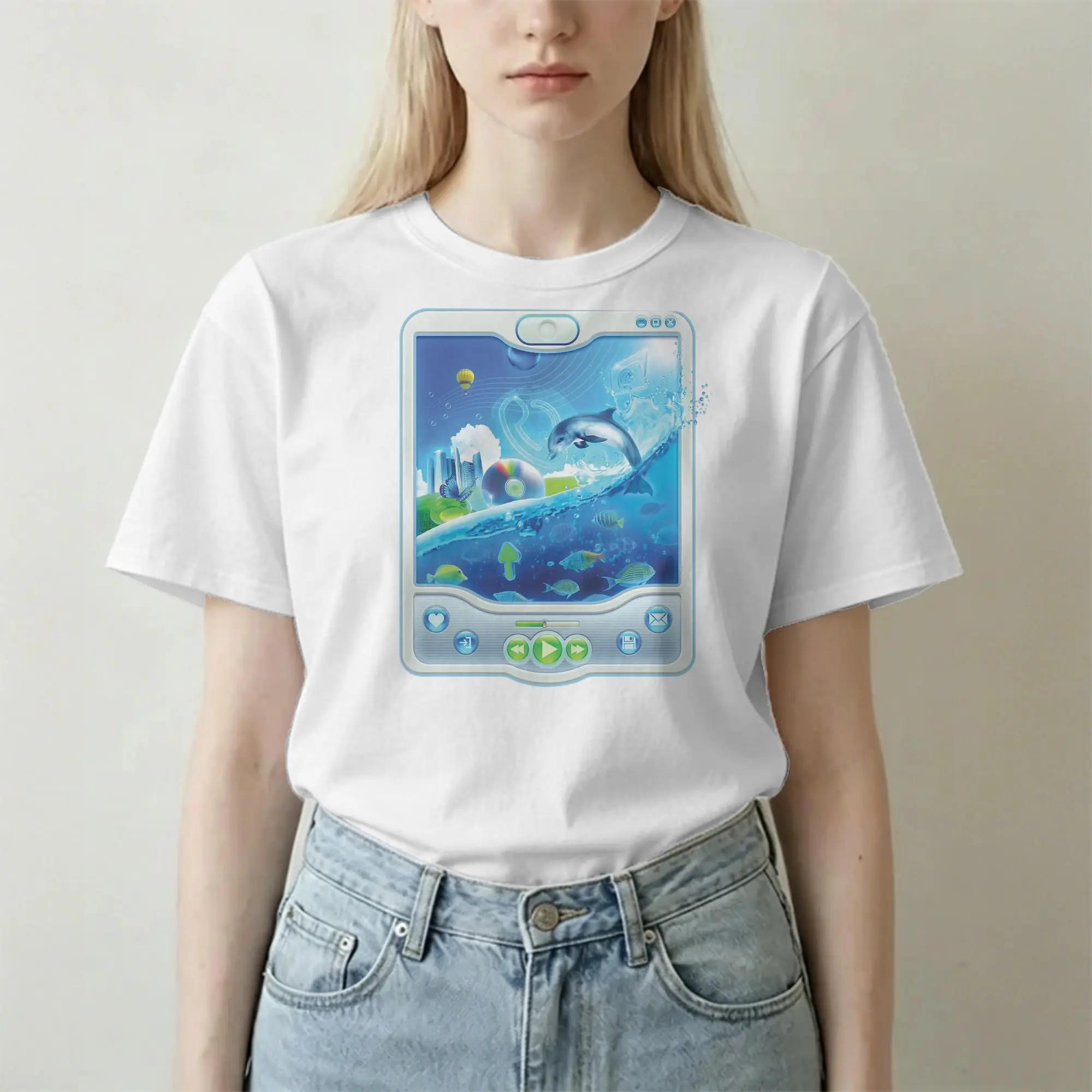 Casual Aero Aqua Player T-Shirt for Men Women Round Collar Pure Cotton T Shirts Frutiger Aero Tee Shirt Original Clothes