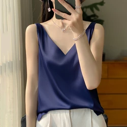 Silk Satin Women Double Shoulder Camisole Tank Top V-neck Sleeveless Top T-shirt Elegant Crop Top Solid Casual Basic 2025 Summer