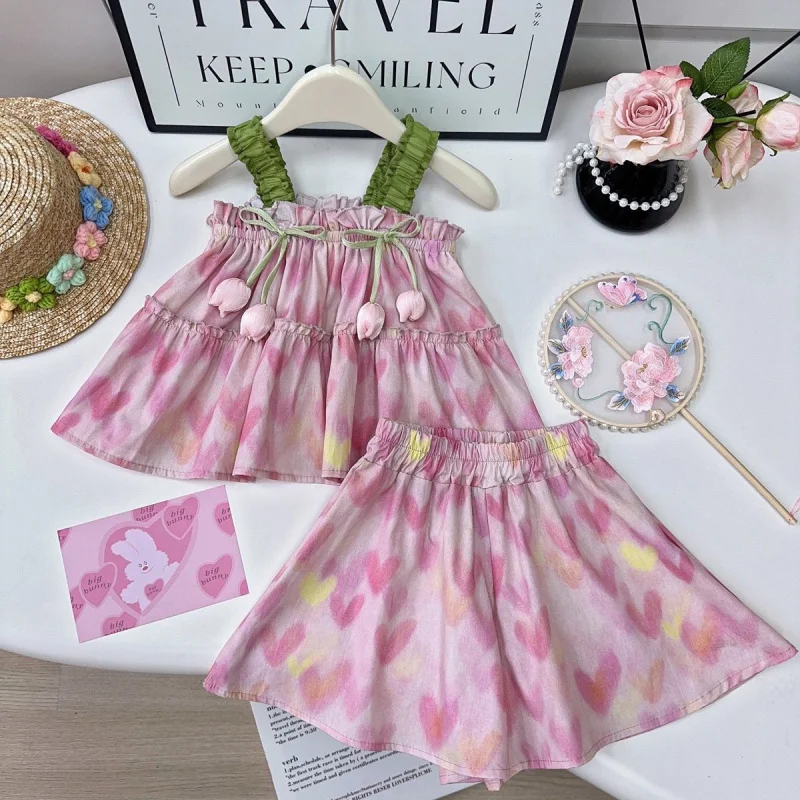 

2025Summer Girls' Outfit New Floral Camisole Vest Printed Shorts Chinese Style Baby Girl Two-Piece Set Dropshipping
