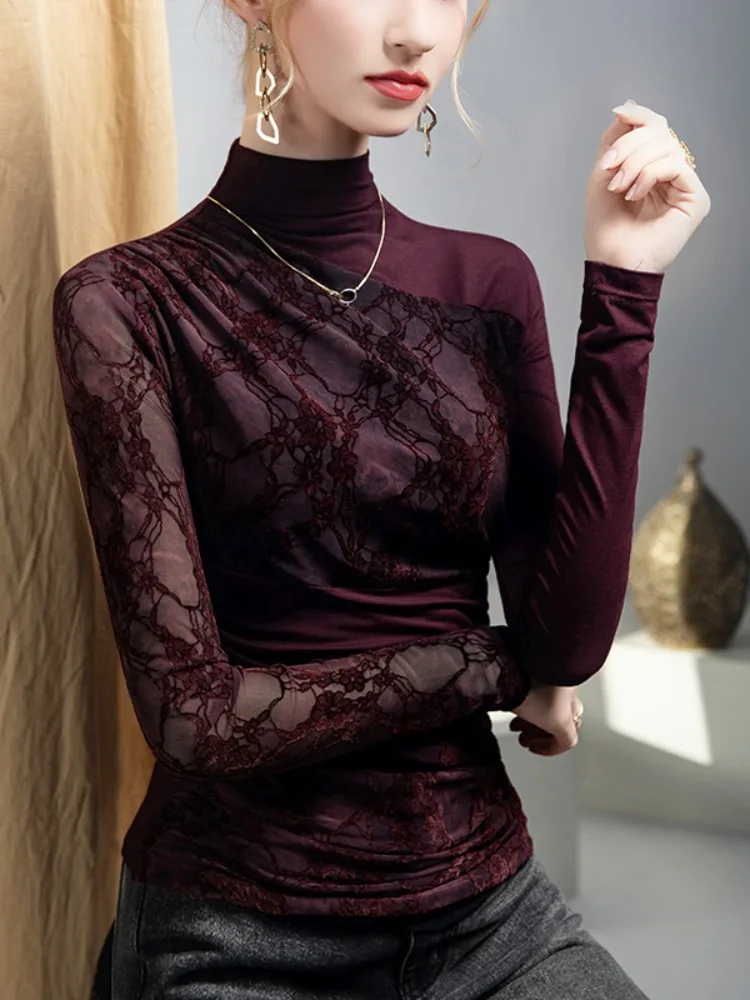Flocked Lace Print Turtleneck T-Shirt Women Long Sleeve Elegant Top Chic Ruffle Detail Basic Blouse Fall Winter New Arrival