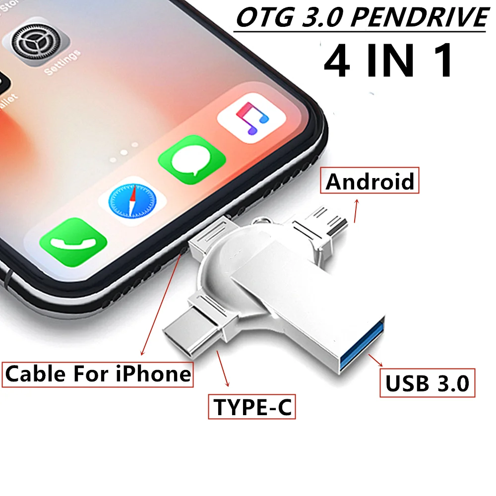 Clé USB 512 OTG 4 en 1 en métal pour iPhone et iPad 11, support à mémoire de 3.1 Go, 1 To, 2 To, 256 Go, micro USB de type C, Android