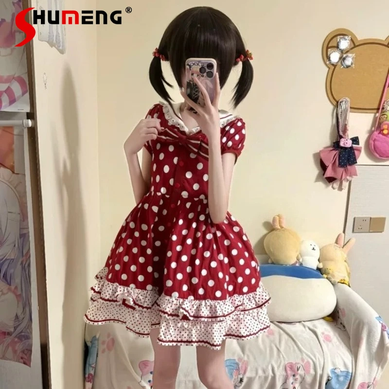

Summer Vintage Lolita Navy Collar Polka Dot Retro Dresses Japanese Big Swing Puff Dress Sweet Girly Daily Party Wear For Ladies