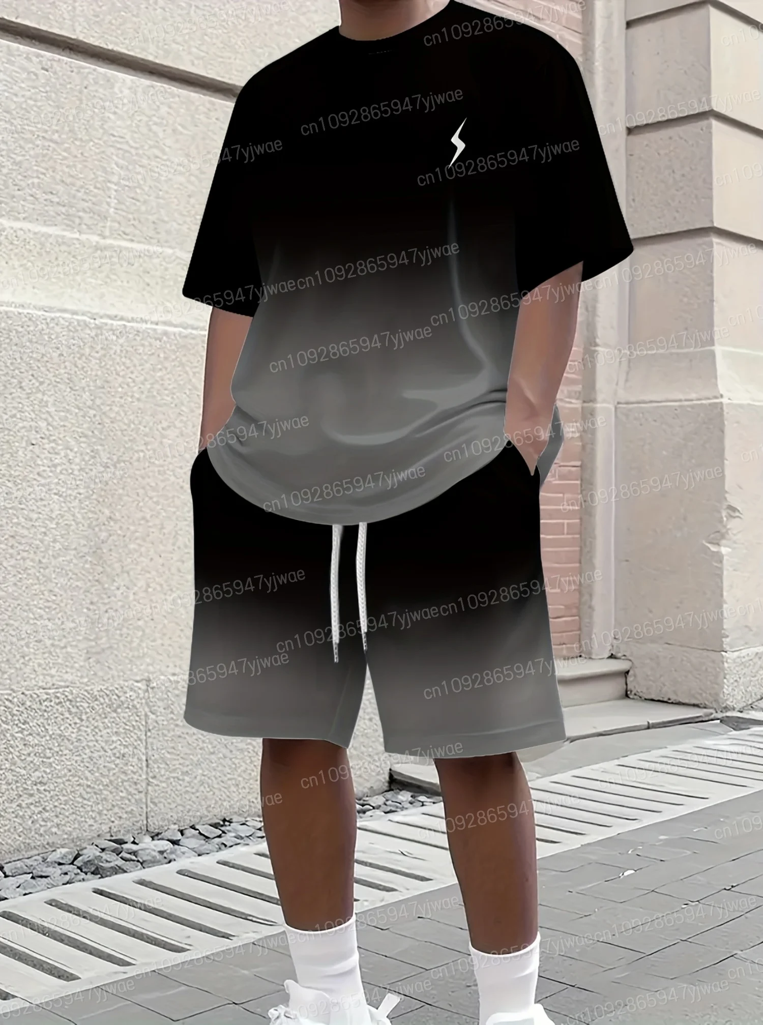 Summer Men Gradient lightning Men's 2 Pieces Set Adult Sportswear Fitness Set Men's Tracksuit 2 Pieces Set Oversized Clothes