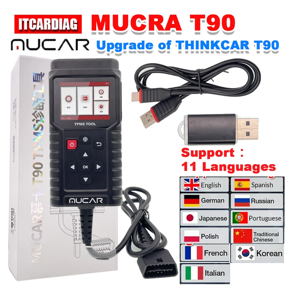 MUCAR TP T90 TPMS Programmer Upgrade of THINKCAR T90 Car Tire Pressure Diagnosis Sensor Service Tool Support Multi-languages