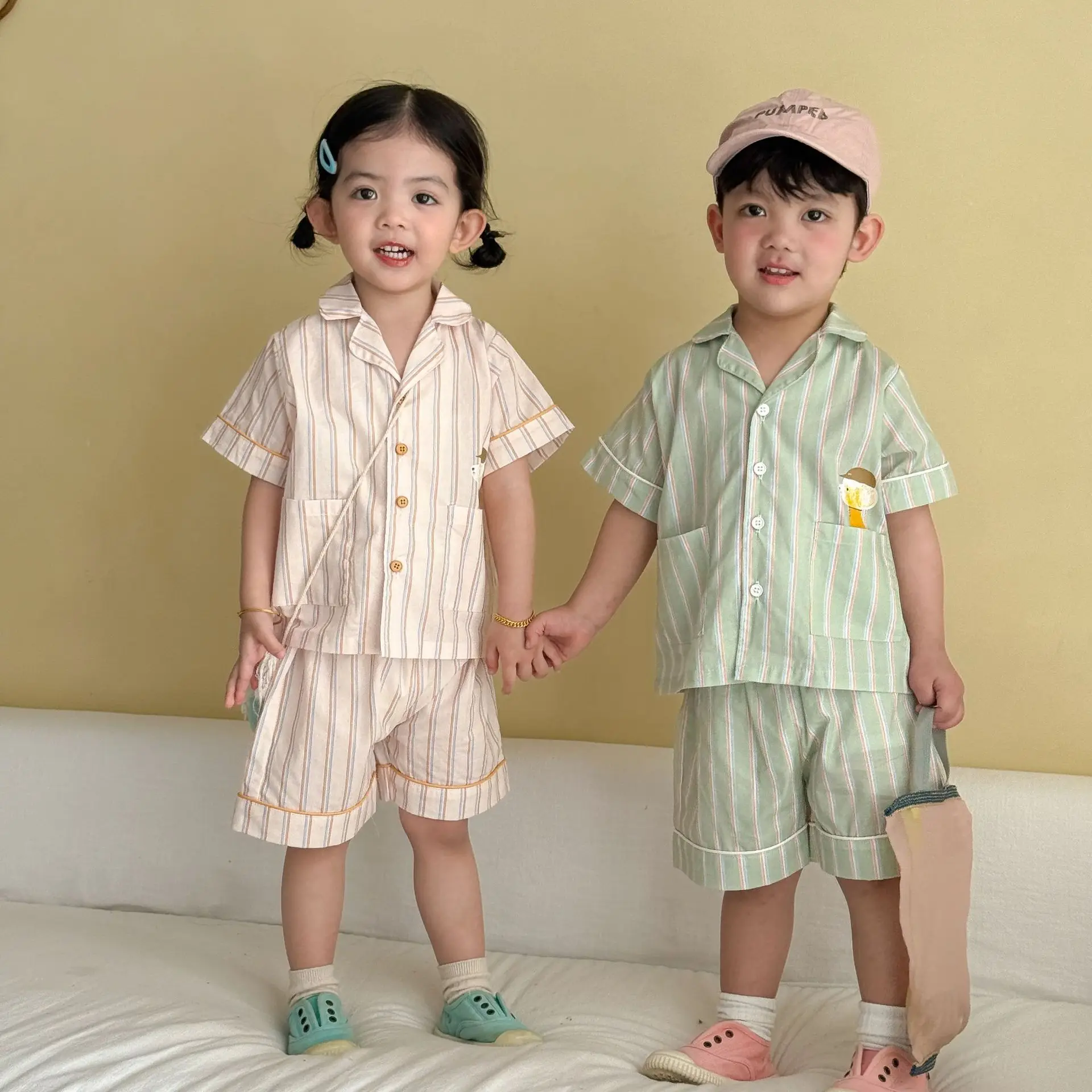 

Новинка лета 2026: Детская пижама с коротким рукавом, комплект из двух предметов для мальчиков и девочек, тонкий хлопковый домашний костюм, 2 предмета, одежда для малышей