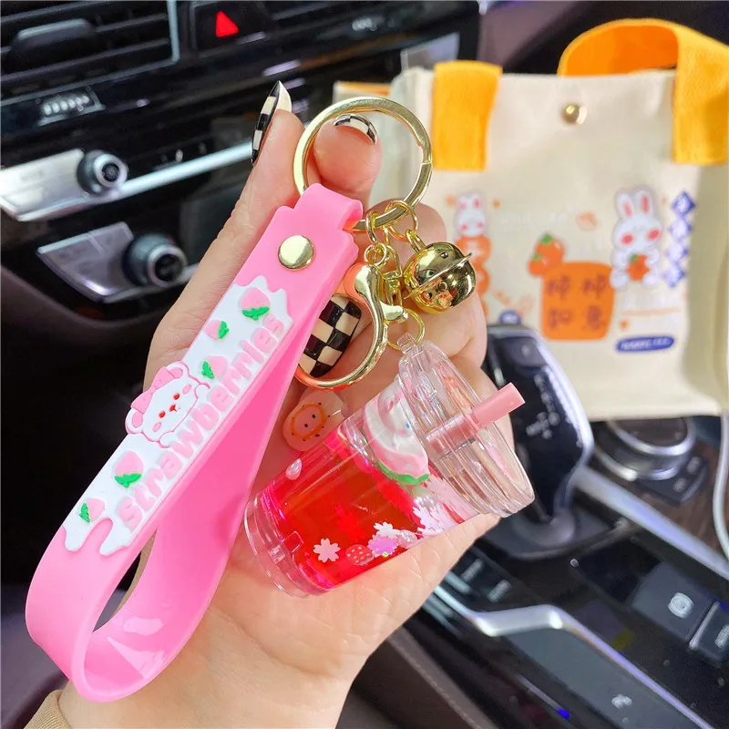 Cartoon Liquid Strawberry Teacup Bear Milk Tea Cup Key Chain Female Sweet Floating Sakura Sequin Quicksand Drift Bottle Keyring