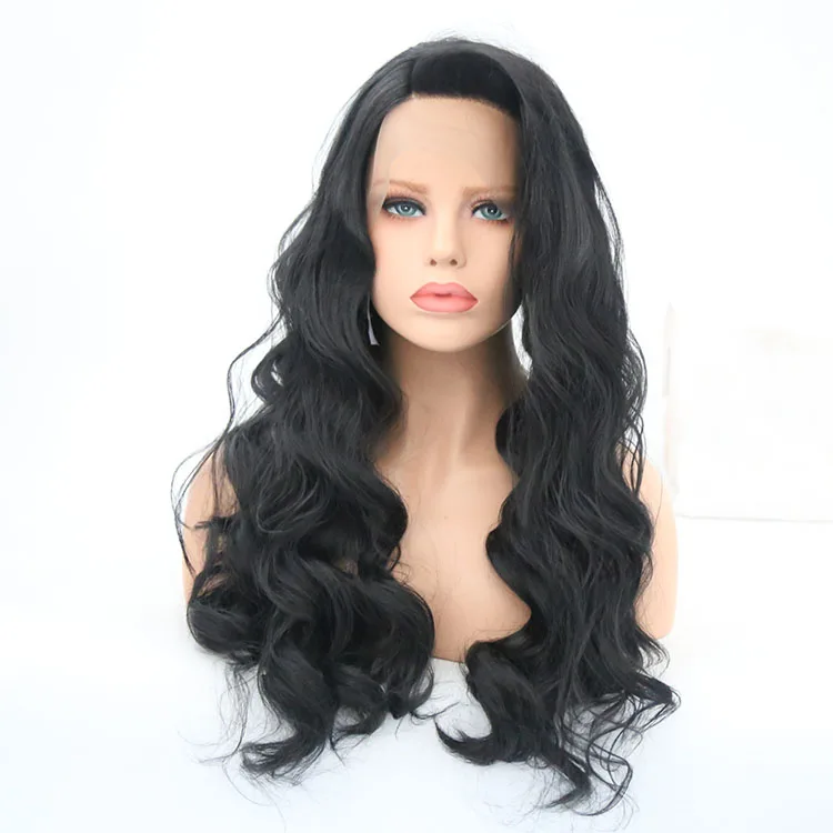 #1 Dark Black Color Natural Hairline Glueless 13x4 Lace Front Synthetic Hair Wigs for Women Long Transparent Body Wave Wigs