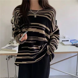 Gothic Striped Women Knitting Sweater Y2K Fashion Streetwear Patchwork Punk Pullover Female Loose Long Sleeve O Neck Jumpers