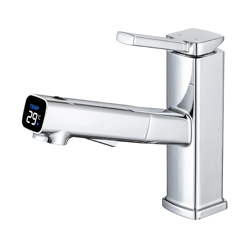 

Pull Out Single Handle Sink Faucet Digital Display Single Hole Hot and Cold Mixing Faucet Deck Mount RV Sink Faucet Chrome