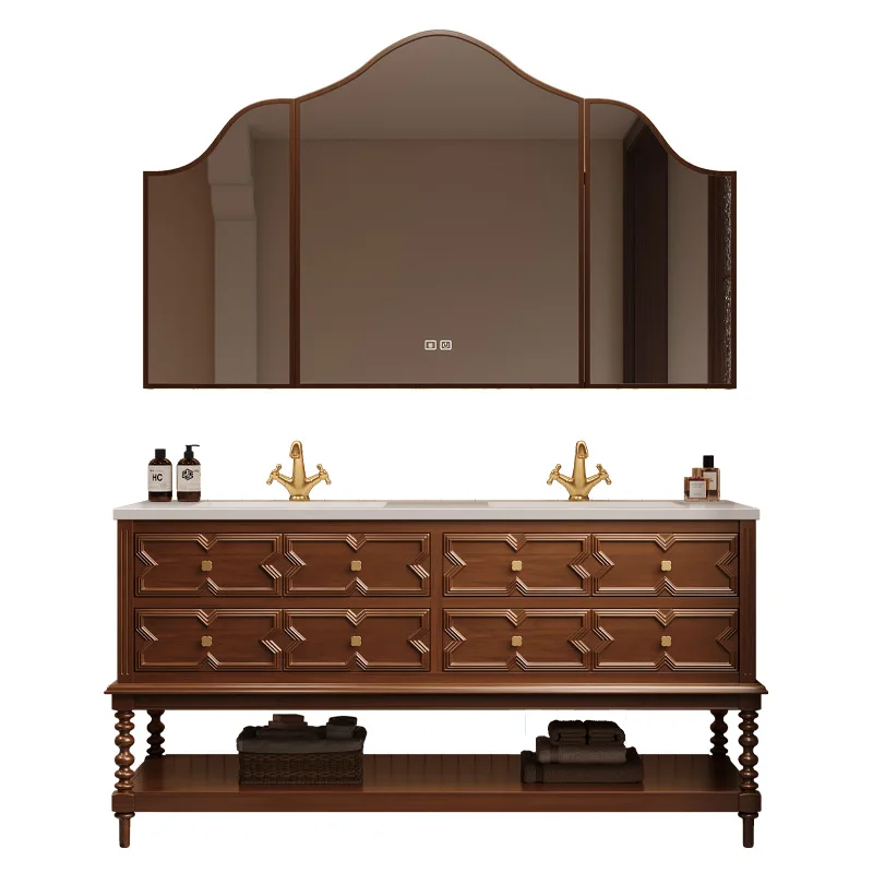 

American sink Chinese retro bathroom cabinet combination French bathroom washstand rock slab hot bending integrated double basin