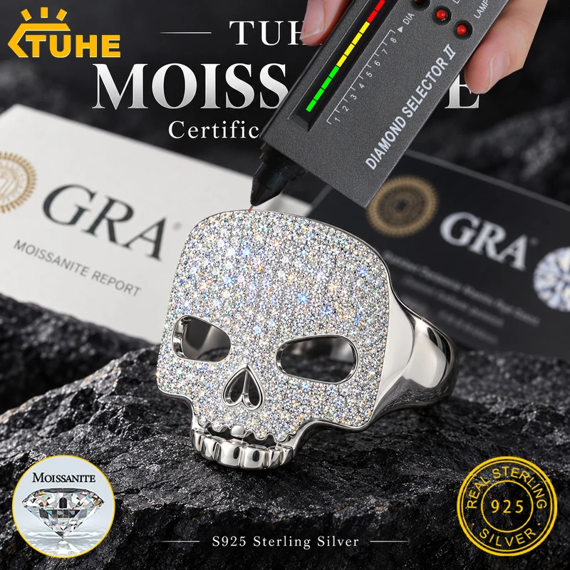 TUHE Unisex 925 Silver Skeleton Ring Moissanite Stone Iced Out Couple Rings For Men Hip Hop Jewelry Gifts