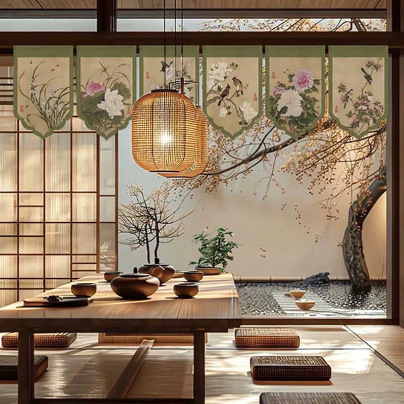 Chinese Traditional Flower Bird Pennant Curtain Vintage Ink Painting Window Valance Tea House Restaurant Decor Triangle Flag