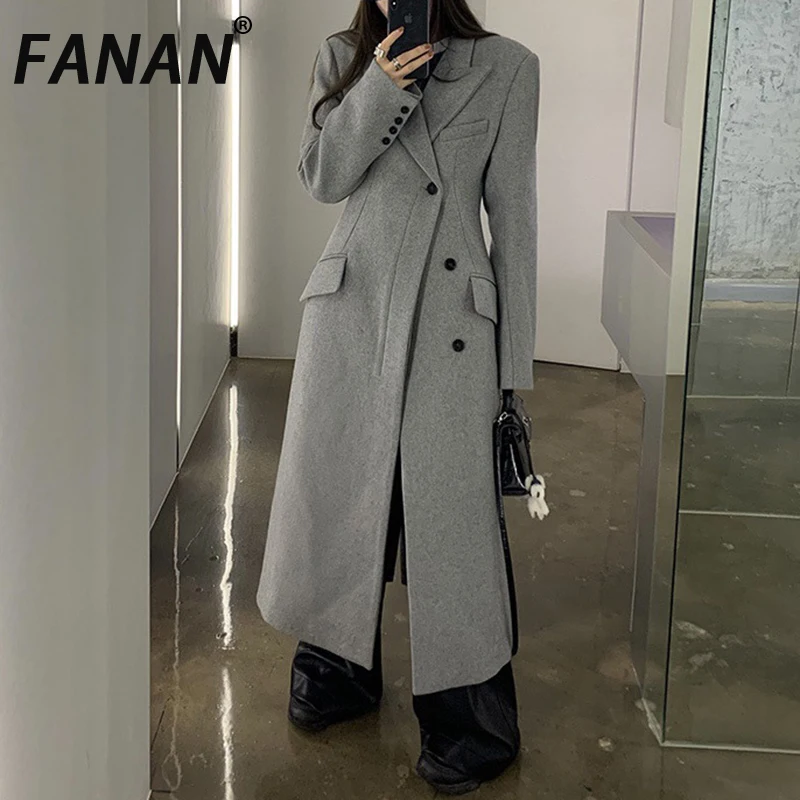 

FANAN Высококачественные толстые теплые пальто из 50% шерсти для женщин, однобортные, со сборкой на талии, длинная верхняя одежда, элегантная одежда, новинка зимы 2023 г.
