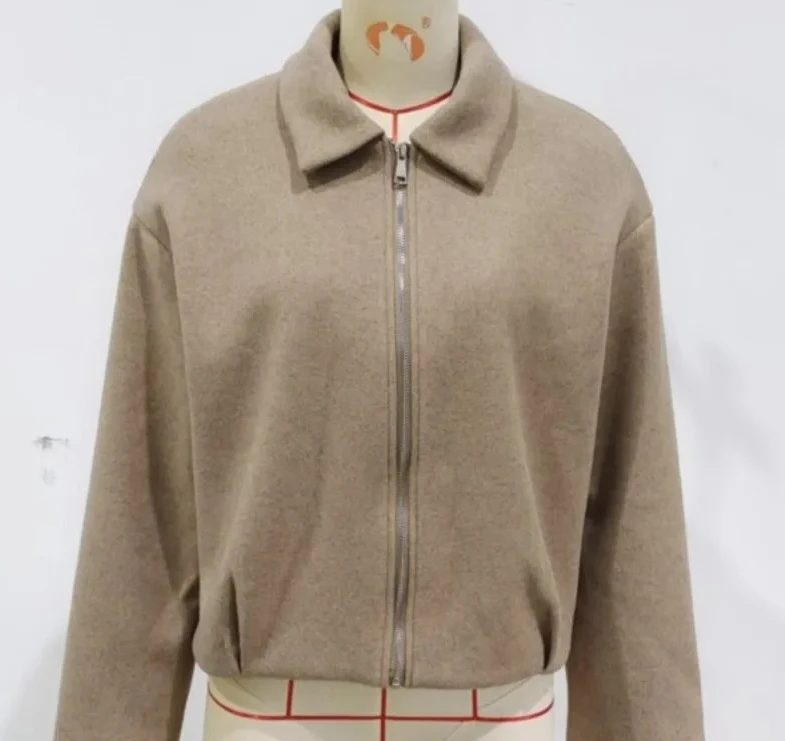 

Мягкая шерстяная повседневная однотонная ветрозащитная верхняя одежда на молнии, топы, осень 202, женская повседневная короткая куртка с воротником