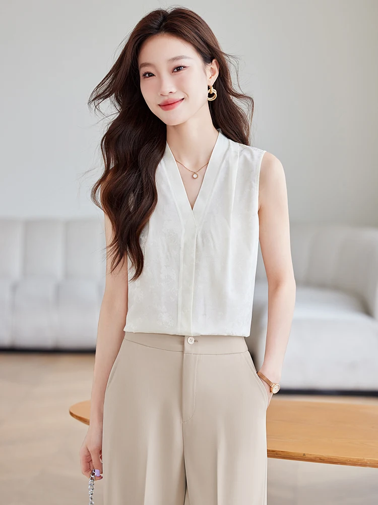 

White V-Neck Women's Shirt Vest Early Autumn 2026 New Fashion High-End Sense Suit Inner Commute Chiffon Blouse OL Style Loose...