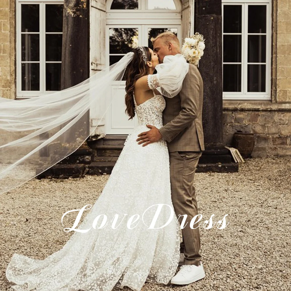 LoveDress Deep V-Neck Wedding Dress Detachable Sleeves Lace Appliques Boho Bride Gown Backless Button Sweep Train Robe de mariée