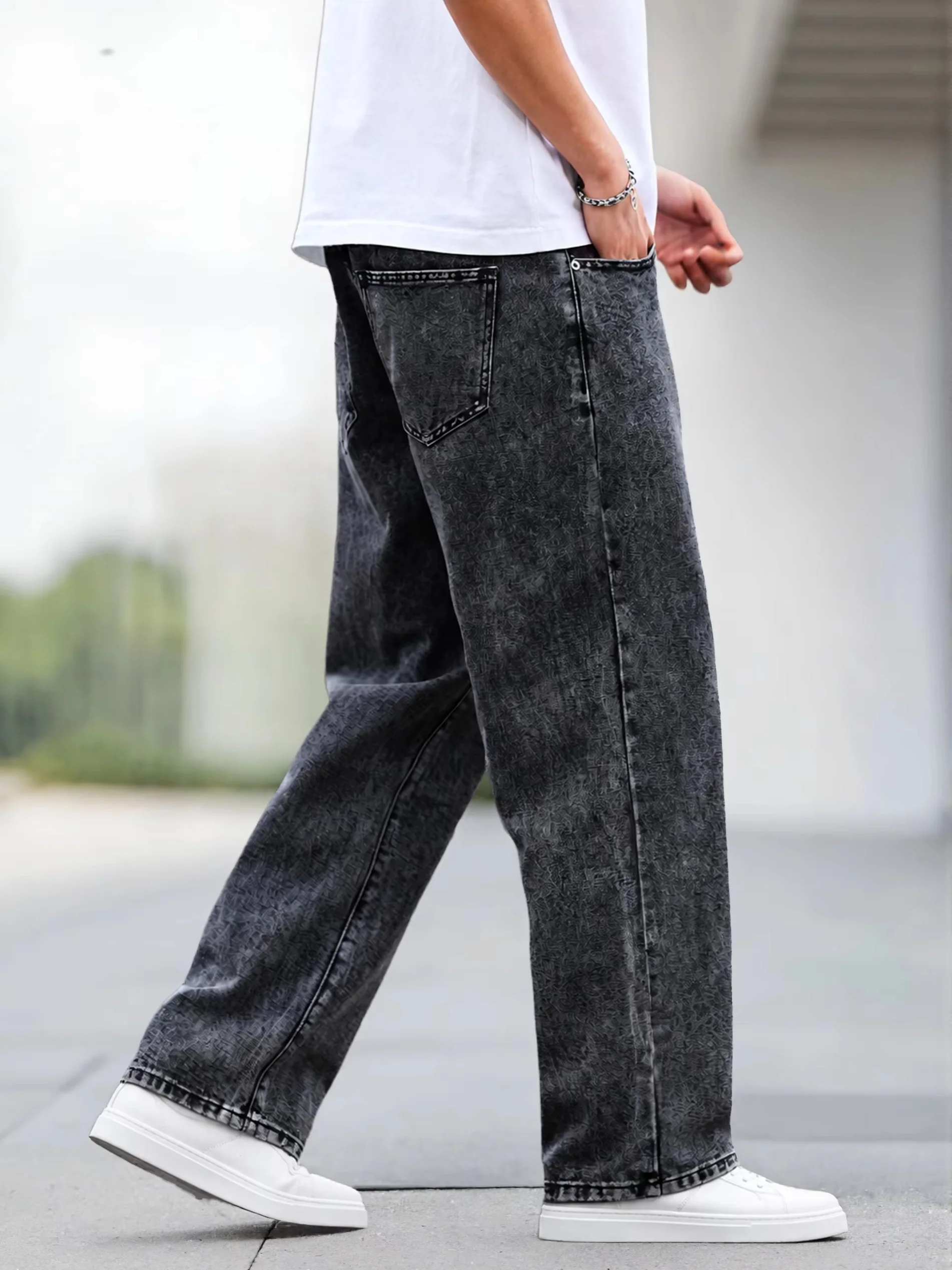 Men's Snowflake Washed Wide‑Leg Jeans, Loose Straight Full‑Length Denim Pants, Dark Gray Casual Streetwear Trousers For Men