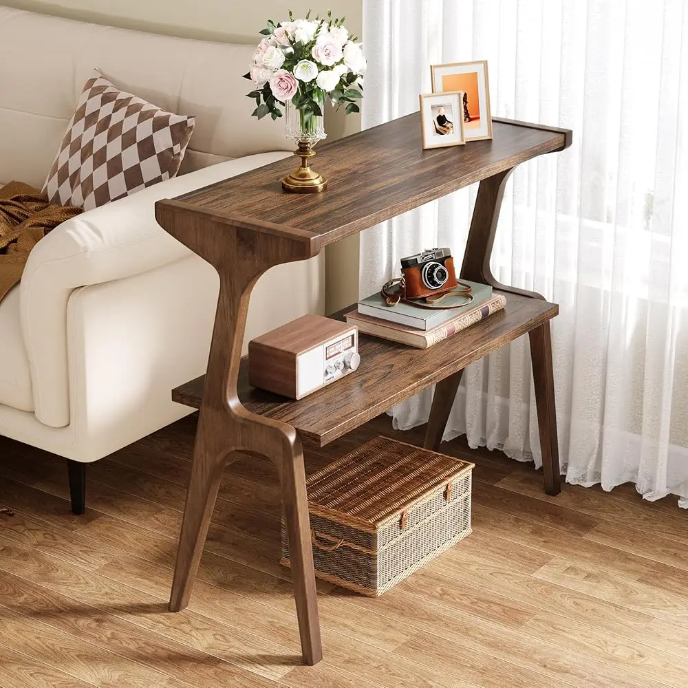 

Narrow End Table For Living Room, 2-Tier Slim Sofa Side Table With Solid Wood Legs, Farmhouse Tall End Table With Storage