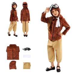 Girls Pilot Cosplay Costume Kids Children Fantasy Coat Pants Headband Outfits Halloween Carnival Party Suit