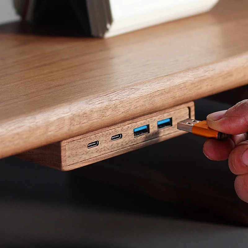 Black Walnut 10Gbps USB Hub Self-Adhesive Desktop Splitter High-Speed Data Hub USB-C Expansion Adapter Monitor Riser Accessory