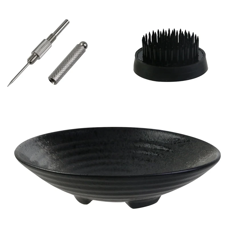 Ikebana Vase Kit, Ceramic Ikebana Bowl And Metal Flower Kenzan, With Needle Straightening Tool