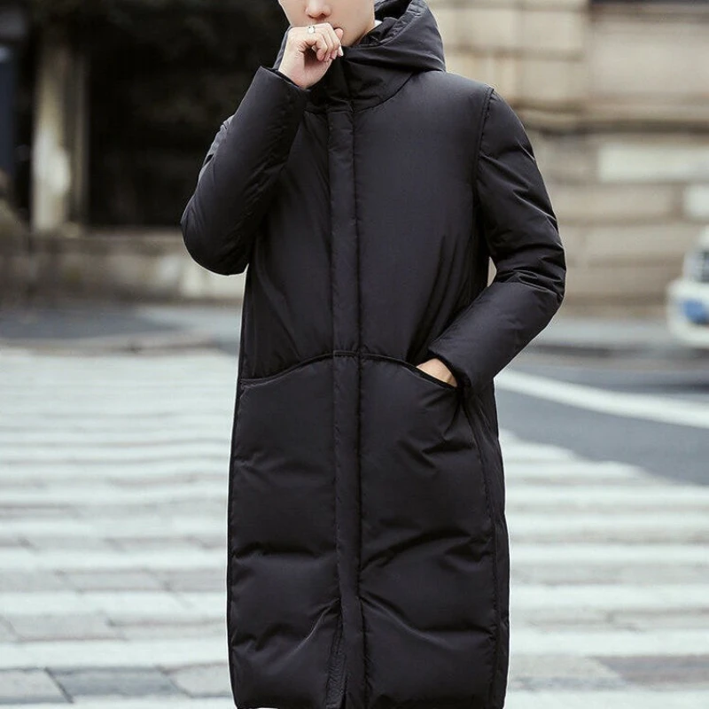 

Men's Anti Season Medium Long Slim Fit White Duck Down Hooded Jacket Over Knee Thickened Coat for Teenagers Students