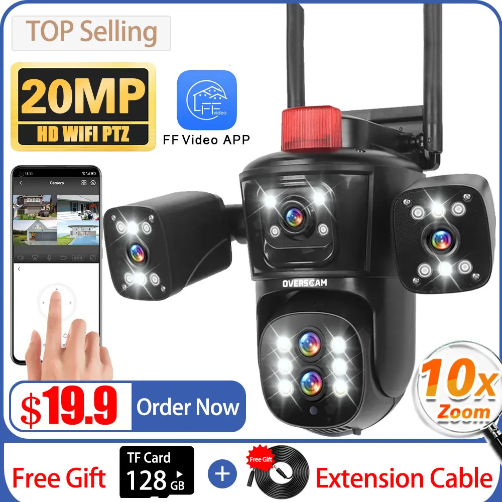 Overscam 20mp 10K Wifi Ip Camera Vier Schermen 10x Zoom Draadloze Outdoor Ptz Cctv Cam Vijf Lens Auto Tracking Surveillance Cam