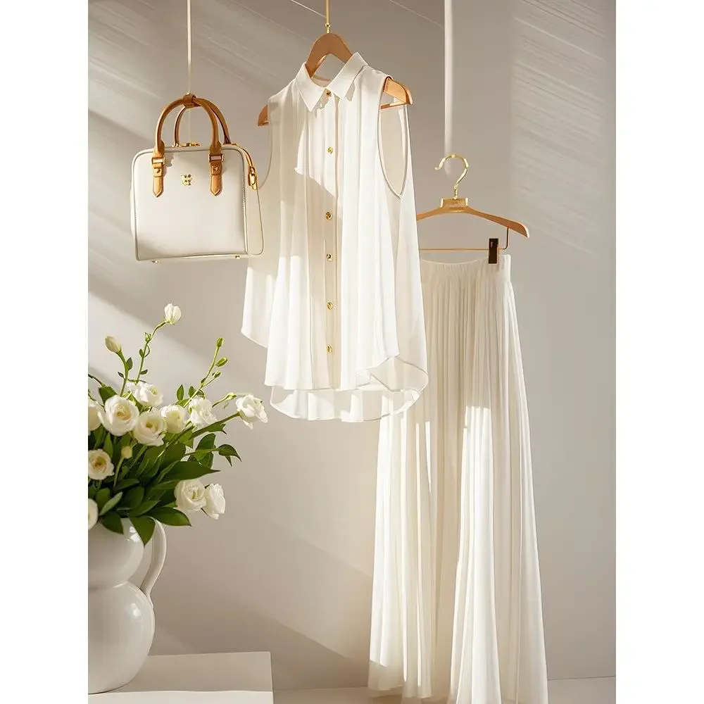 

Pop French Elegant Fashion Look Younger Chiffon 2 Piece Set Women Turn Down Collar Sleeveless Tops+Luxury Long Pleated Skirt Sum