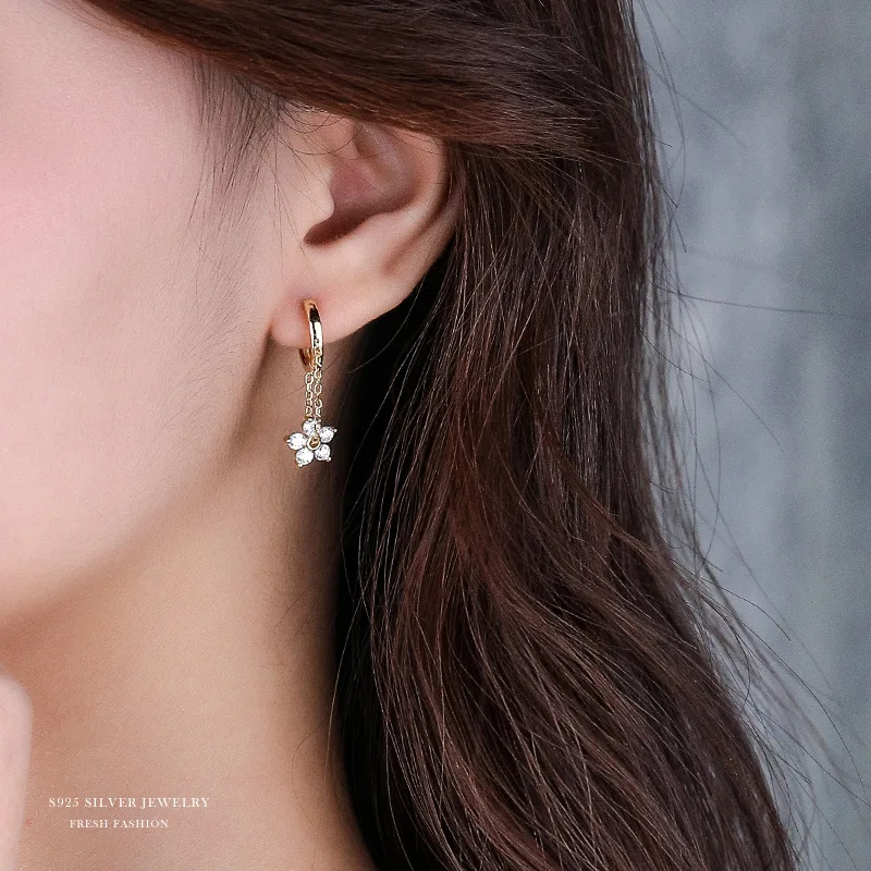 925 Sterling Silver Flower Chain Drop Earrings Hoop for Women Teens Girls Huggie Hoop Dangle Earrings Chain Jewelry Gifts