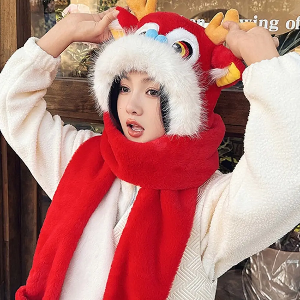 Creative Ear Muffs Lion Dance Beanies Hat Lace Up Thickened New Year Pullover Cap Soft Cute Scarf Gloves Hat Streetwear