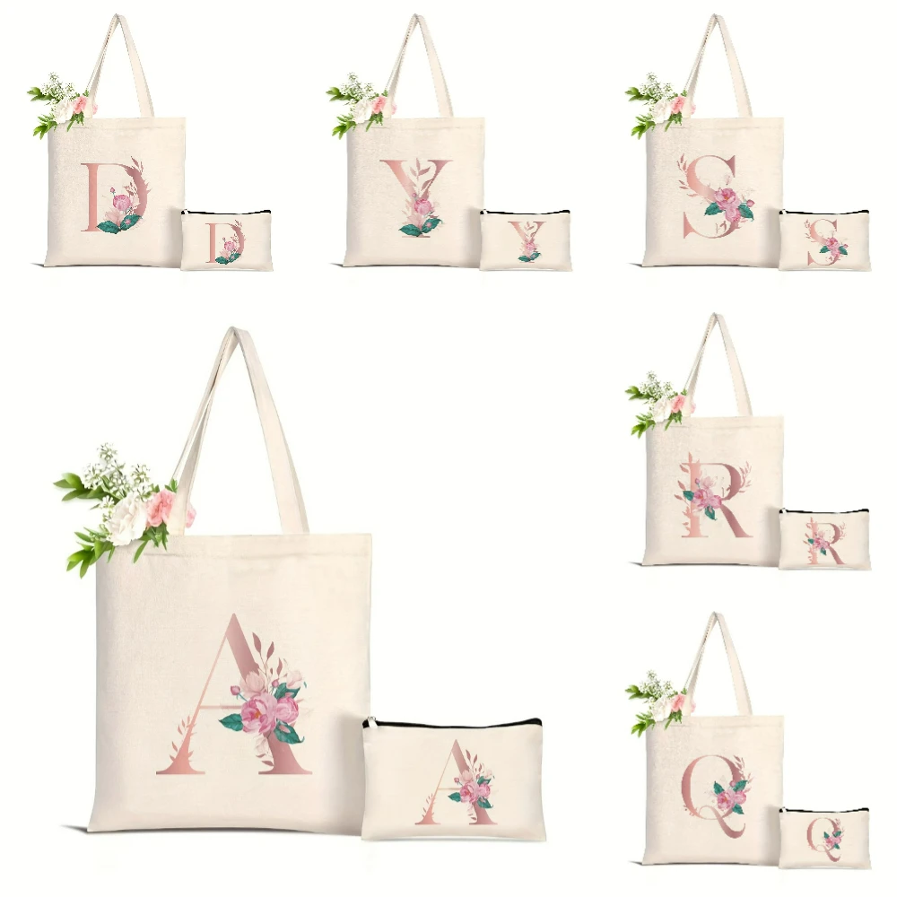 

1pc Floral Love Letter Print Tote Bag Large Capacity Women Shopping Bag Stylish A-Z Design Yoga Beach Bag Eco Friendly bags Gift