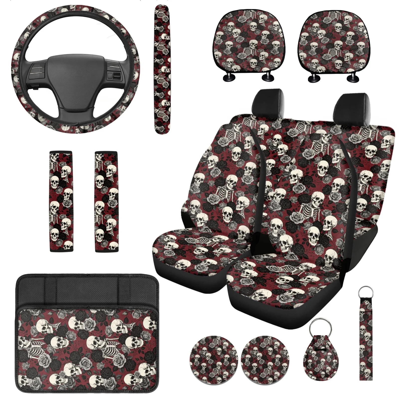 Coloranimal Skull Rose 14 Pack Auto Seat Cover Sets with Elastic Car Armrest Box Cover and Headrest Covers for Large Truck