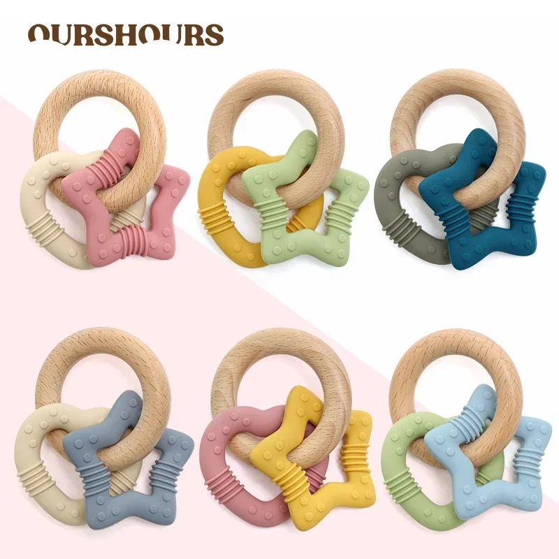 

3 in 1 Baby Wooden Silicone Teether Ring BPA Free Cute Cartoon Infant Molar Chewing Toys Teething Rings for Babies Newborn Gifts