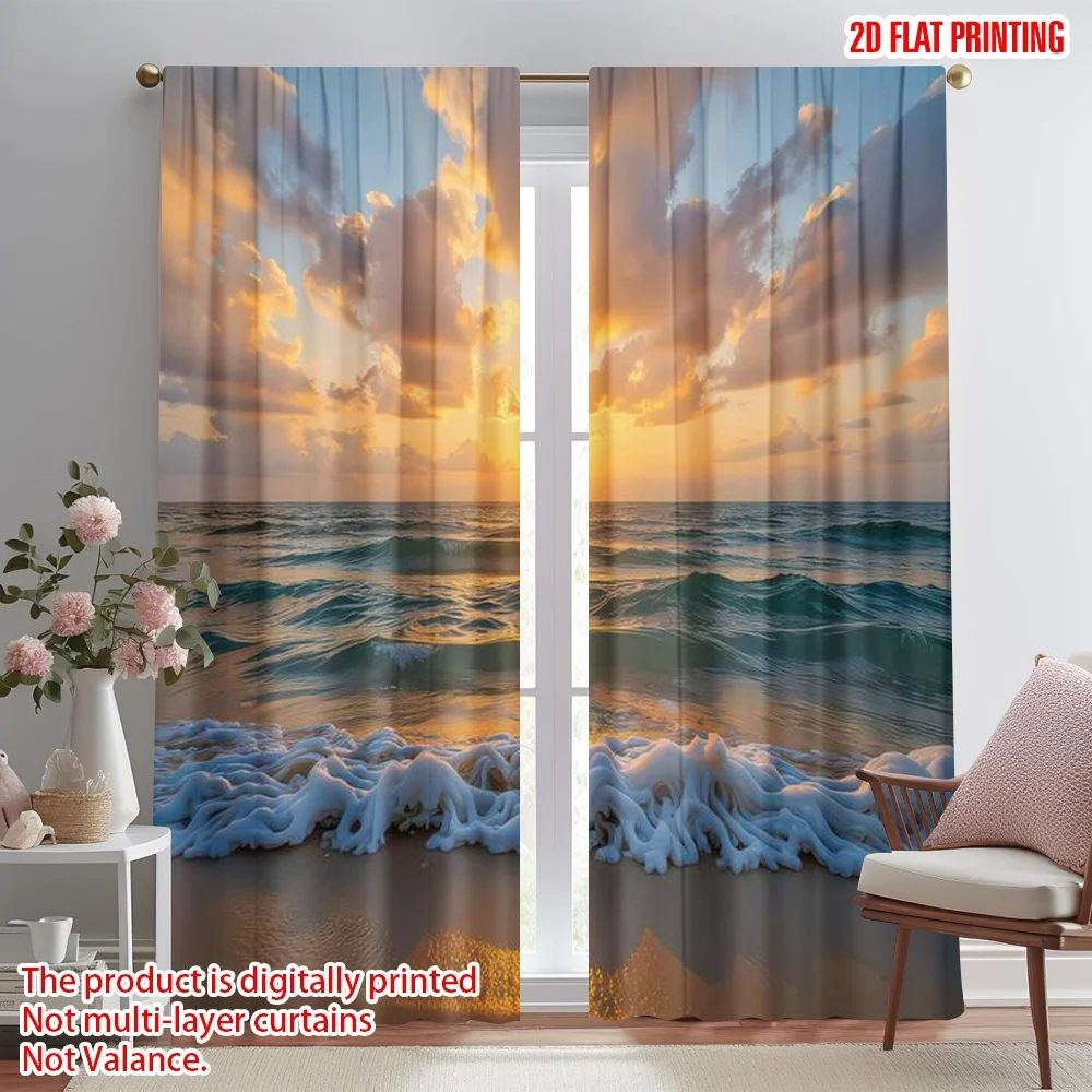 

2D flat printing 2pcs Party Curtain Sunset Ocean Waves Digital Printed Polyester Drapes All Season Party & Holiday Decor for