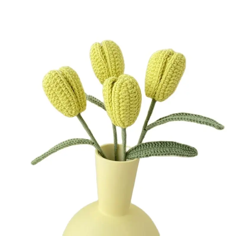 

5 Branches Tulip Artificial Flower Hand-woven Knitted Flower Knitting Wool Flower Simulation Plants Home Office Valentine's Gift