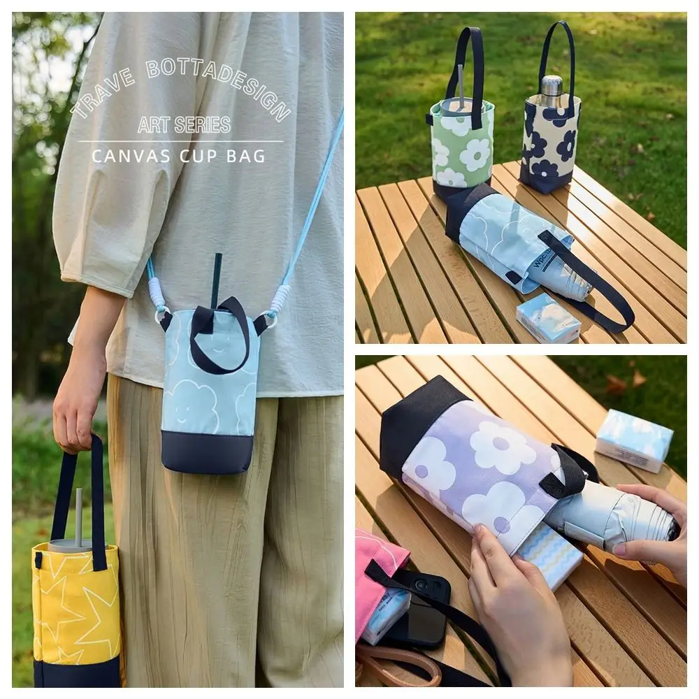Cute Outdoor Canvas Cup Bag Printed Portable Small Storage Bag Korean Style Water Bottle Holder Crossbody Bag Travel