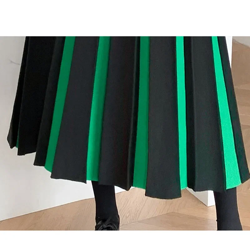 New 2024 Autumn Winter Skirts for Woman High Waist A Line Pleated Knitted Long Skirts for Women Black Green Patchwork Skirt