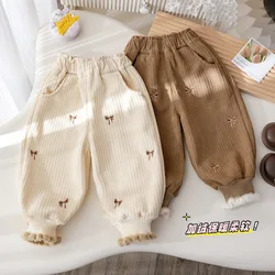 2024 Winter Children Girls Velvet Casual Pant Knotbow Embroidery Lace Loose Thick Versatile Kids Girls Pants Baby Girls Pants