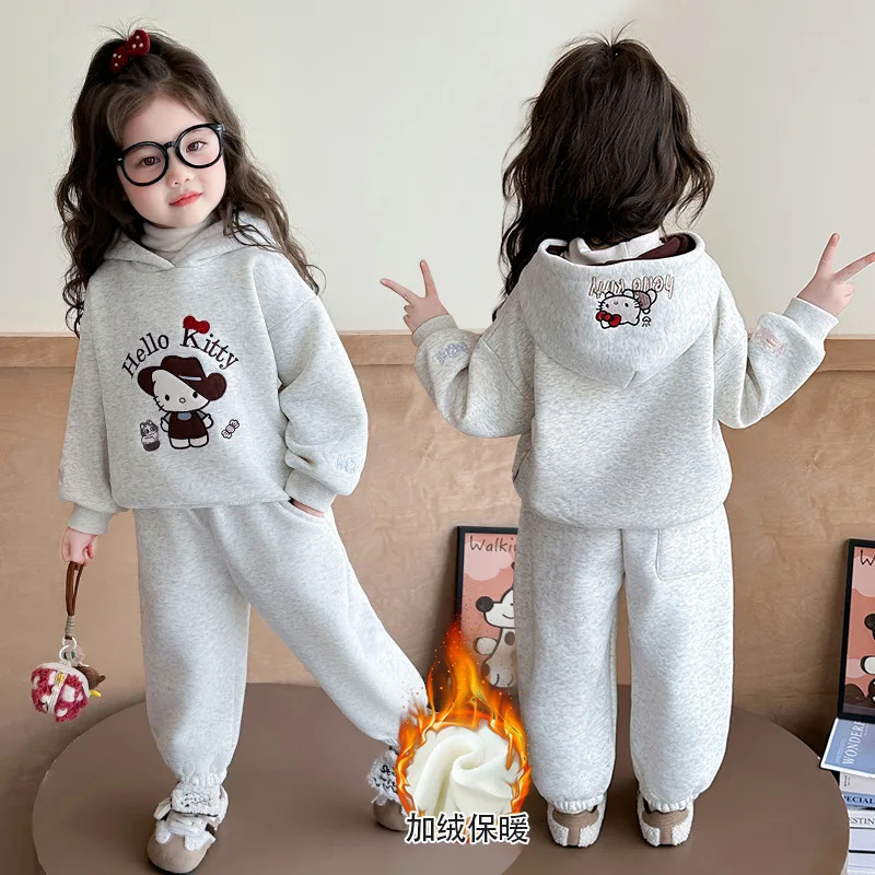 

Anime Hello Kitty Girls' Velvet Hoodie Set Autumn/Winter New Collection Cartoon Baby Girl Sportswear Children's winter clothing