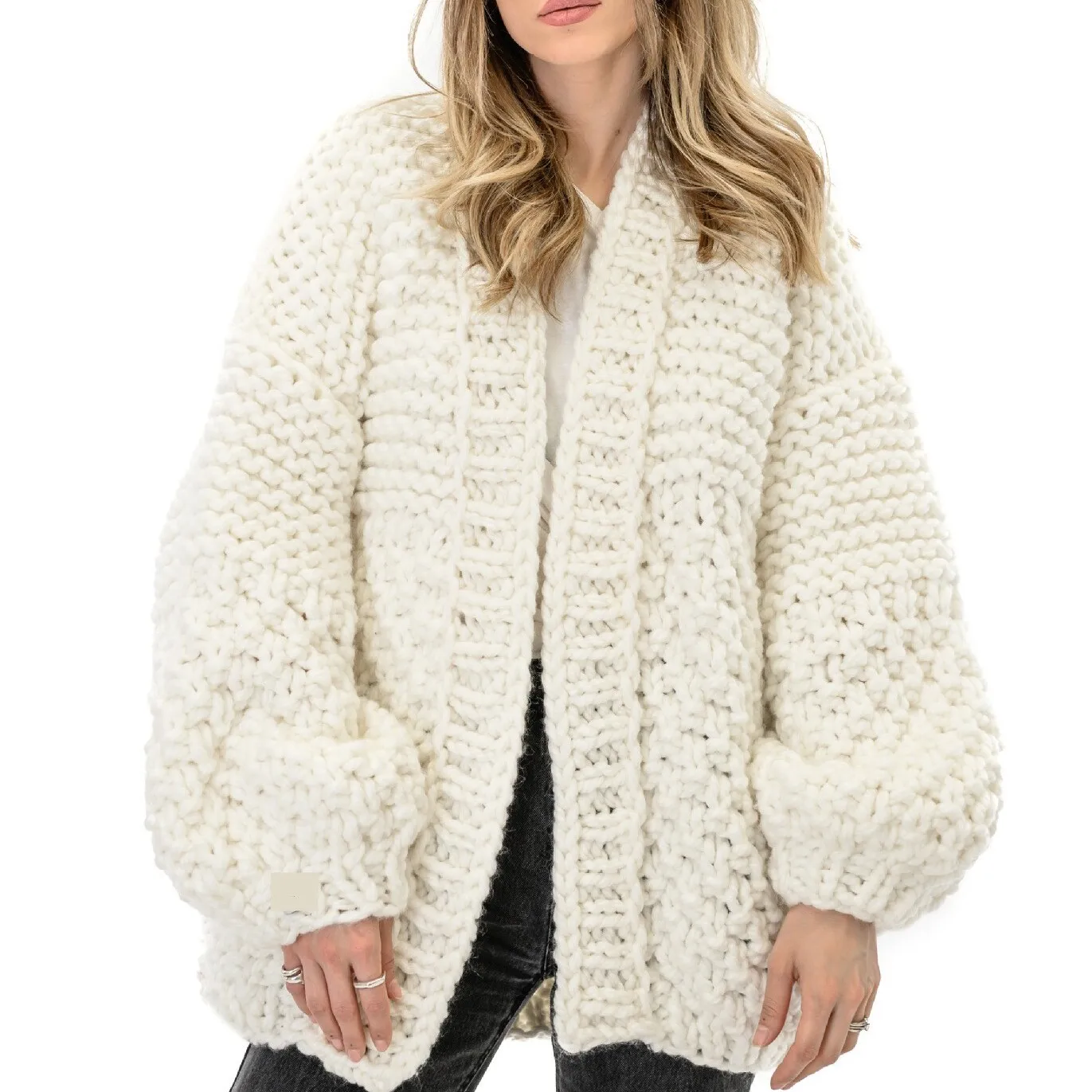 

Hand Knitted Autumn Winter Lazy Sle Outerwear Faionable Sweater Long Sve Lantern Sve Open Cardigan Pure Color Trend...